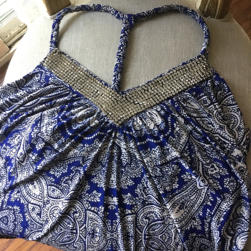 I-N-C international concepts top, blue and cream with rhinestones size XL